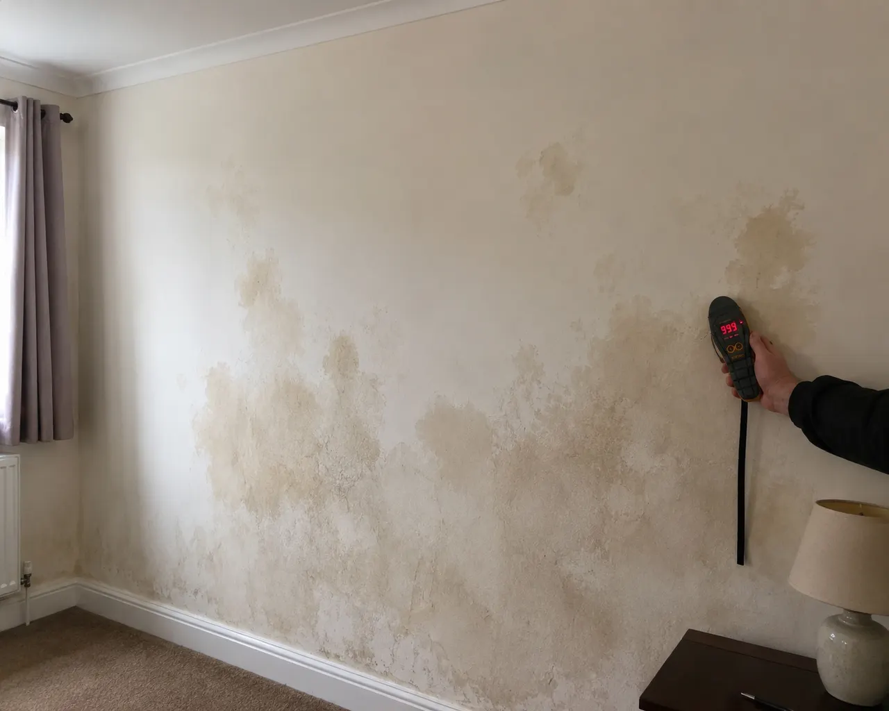 Damp staining and moisture readings on an internal wall affected by failed cavity insulation