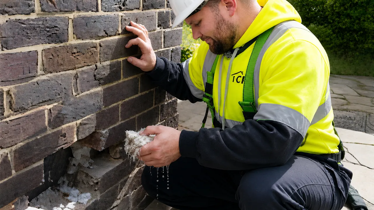 CRS operative inspecting and removing wet cavity wall insulation from an external wall