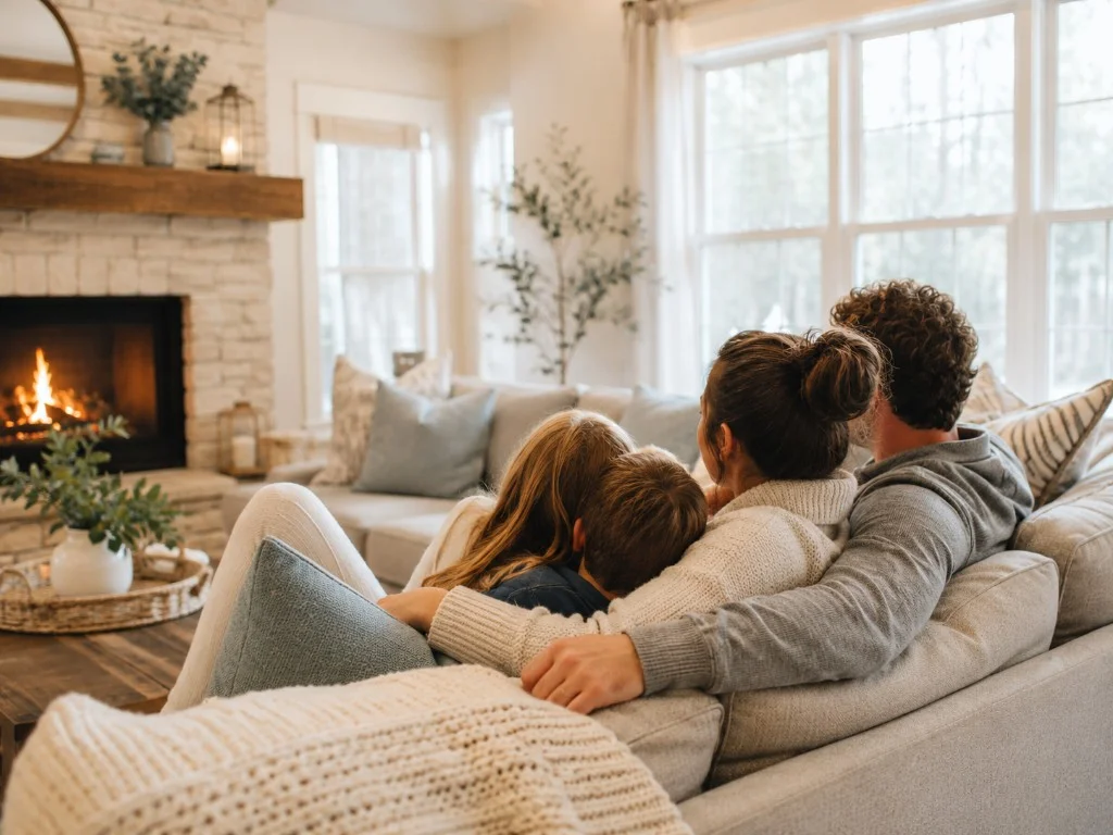A family relaxing together in a warm, cosy living room