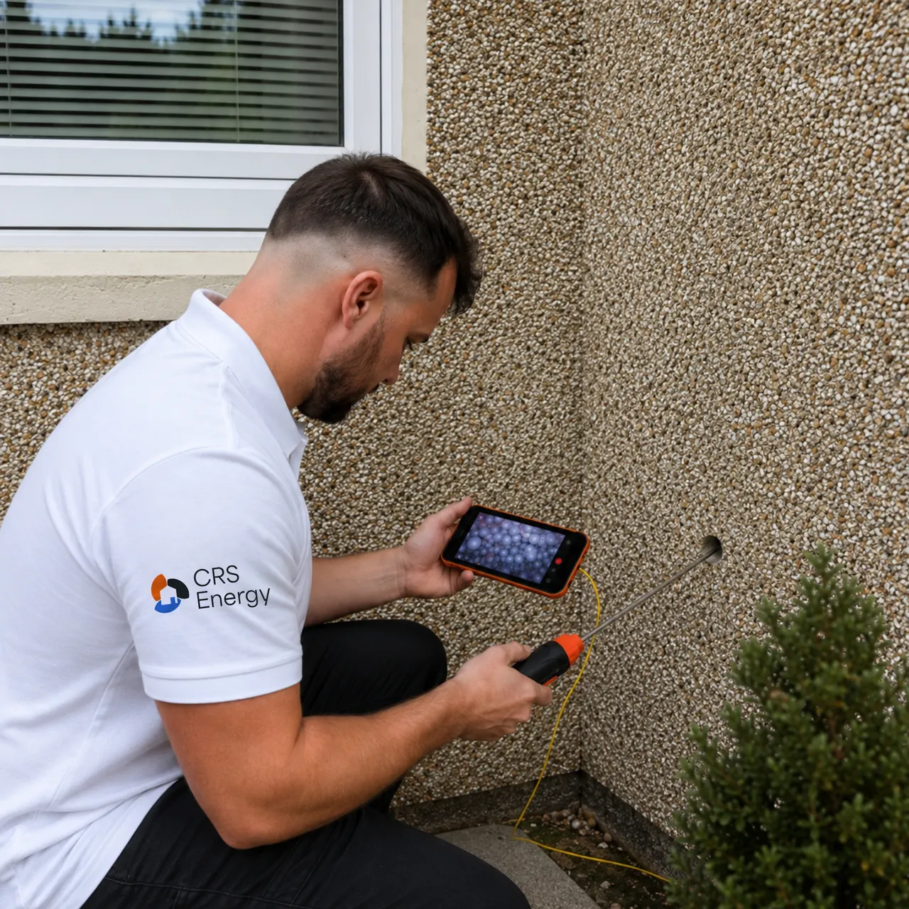 Specialist conducting non-invasive cavity wall inspection with borescope camera