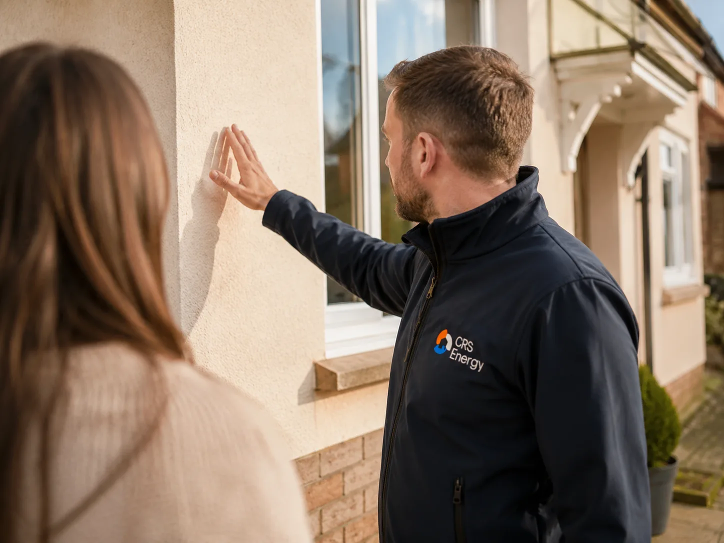 CRS Energy surveyor inspecting an external cavity wall with the homeowner